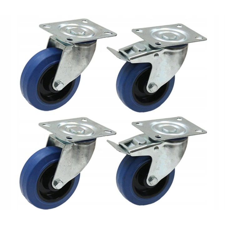 Set 4 roti pivotante cu cauciuc, 600 kg, 100 mm, Albastru/Negru