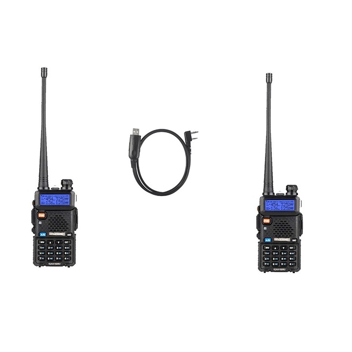 Радиостанции Baofeng UV-5R, Преносими, Включен кабел за програмиране, Мощност на излъчване 8W, Dual-Band 136-174 / 400-520 Mhz, Комплект от 2