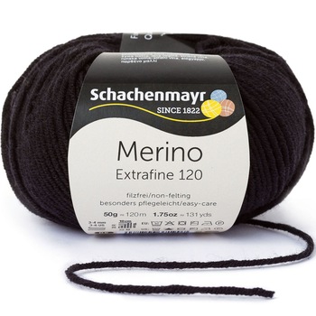 Fir de tricotat si crosetat, 100% lana merinos, grosime fir nr 3 Light, lungime 120 m, 50g, Merino Extrafine 120, negru 00199 Fir de tricotat si crosetat, 100% lana merinos, grosime fir nr 3 Light, lungime 120 m, 50g, Merino Extrafine 120, negru 00199