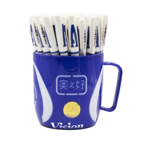 Set 48 de pixuri cu gel in cana, varf fin 0.5 mm, pasta albastra, material plastic, Alb, Vision