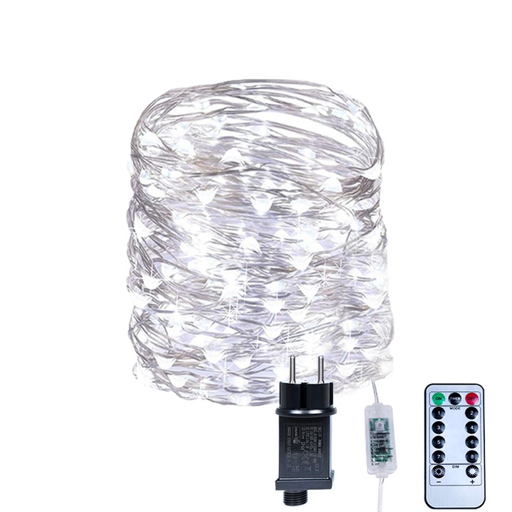 Instalatie de Craciun, YWX®, RGB, 20M, 200 LED, Cu telecomanda, IP44 Rezistent la Apa, luminozitate reglabila, USB, Alb rece