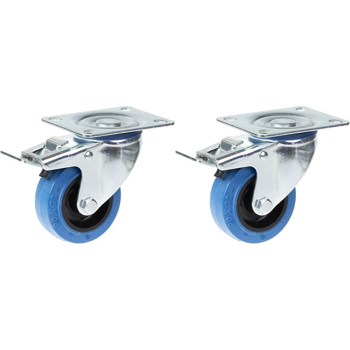 Cauciuc albastru de 80 mm, 3 ", cu frana, cu capacitate de 280 kg, set de 2