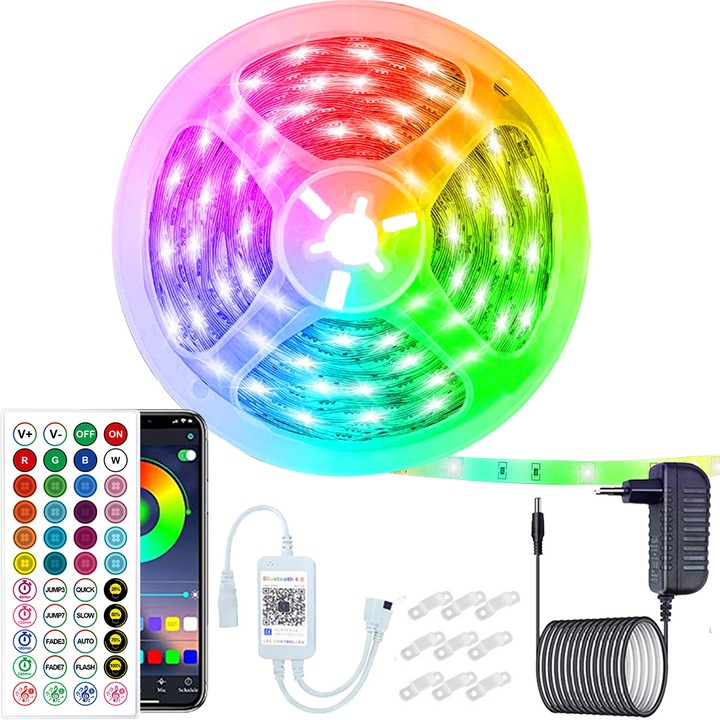 Kit Banda LED RGB YWX, 5 Metri, Sincroniza Muzica, Bluetooth Controlul APP, Telecomanda 44 Taste, SMD 5050, 12V, Multicolor
