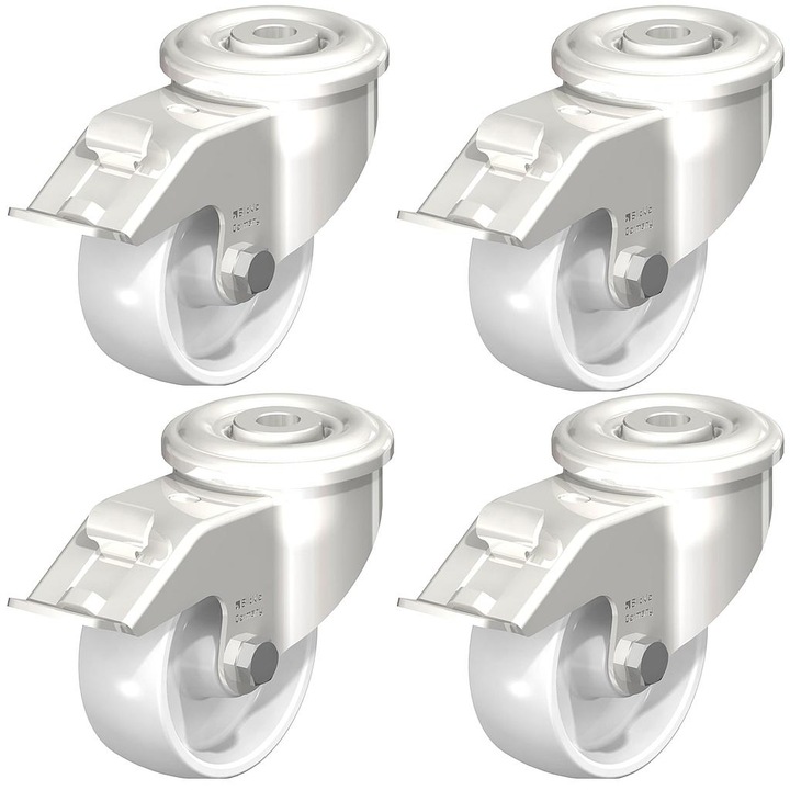 Set de 4 roti din otel inoxidabil rosu, nailon alb, pivotant cu frana, (80mm 3 ") 600 kg