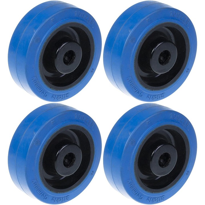 Set de 4 roti de 80 mm cauciuc albastru cu centru de nailon cu o capacitate de 560 kg