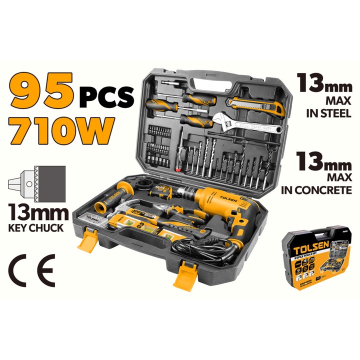 Set unelte de mana TOLSEN 95 piese cu bormasina 710W, mandrina 13mm, burghie HSS, burghie zidarie, cleste, surubelnite, cheie reglabila, ciocan gheare, banda masurare, trusa robusta BMC