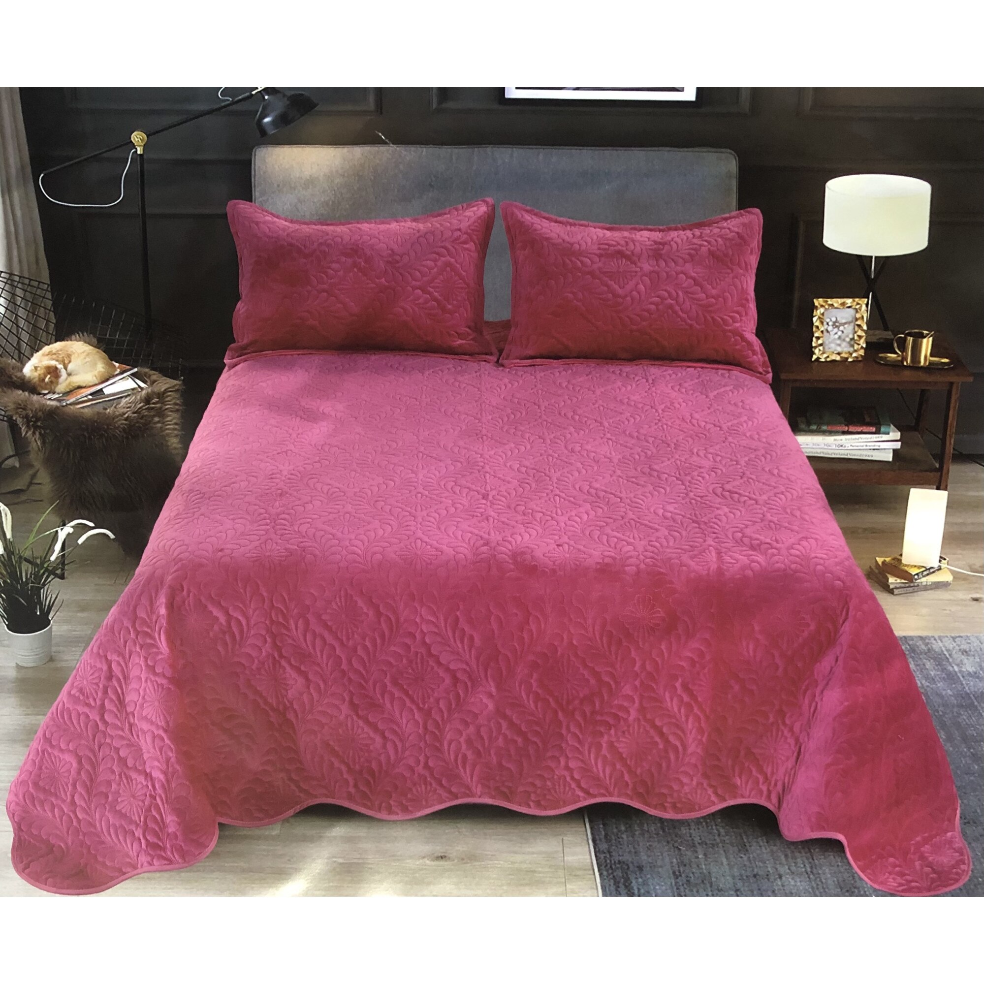 Set cuvertura catifea, Shop Like A Pro®, pentru 2 persoane, 3 piese, 1 cuvertura Si 2 fete perna, 220 x 240 cm, M11, Roze