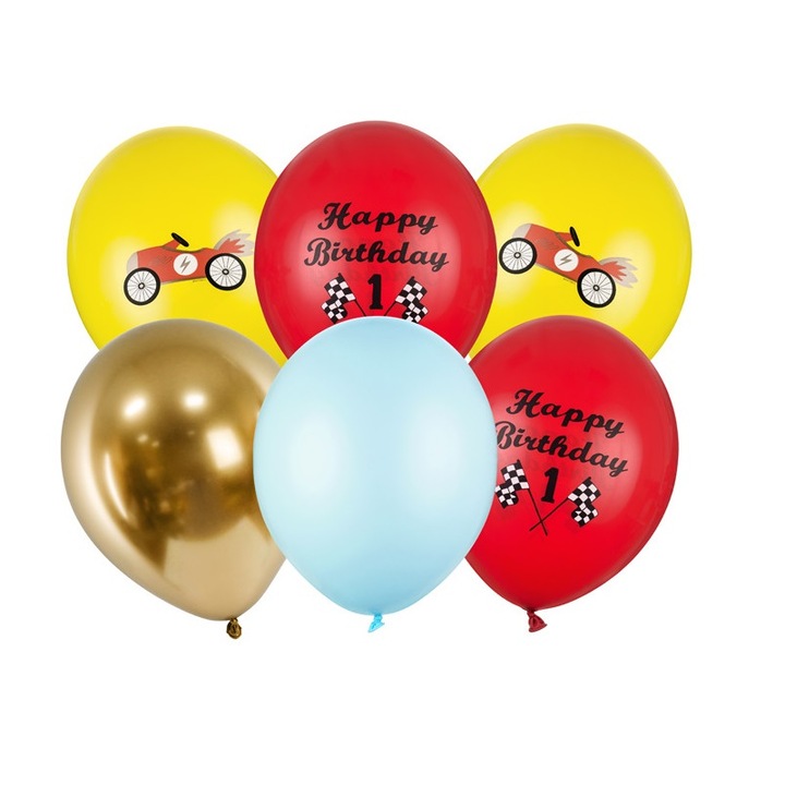 Комплект балонИ, състезателни коли Happy Birthday, PartyDeco, 30 см