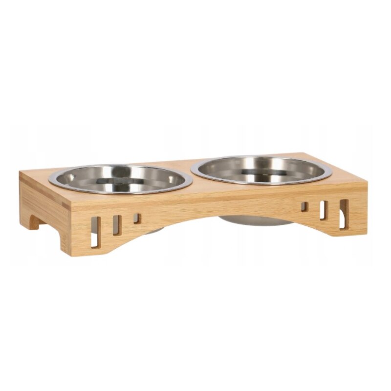 Set 2 boluri din inox cu suport din bambus, pentru caini si pisici