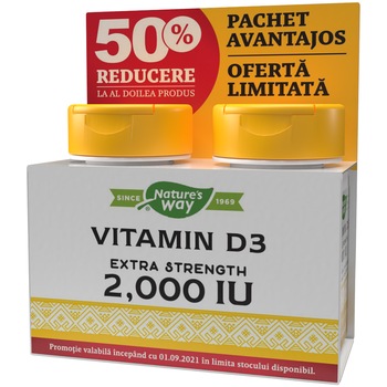 Pachet Vitamin D3 2000UI Nature's Way, 30 + 30 Capsule, Secom (50% reducere la al doilea produs) Pachet Vitamin D3 2000UI Nature's Way, 30 + 30 Capsule, Secom (50% reducere la al doilea produs)