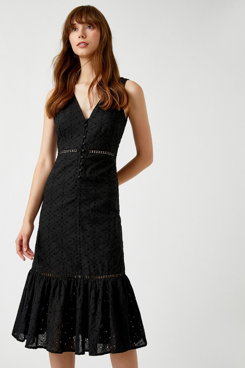 KOTON, Rochie cu decolteu in V si terminatie evazata, Negru