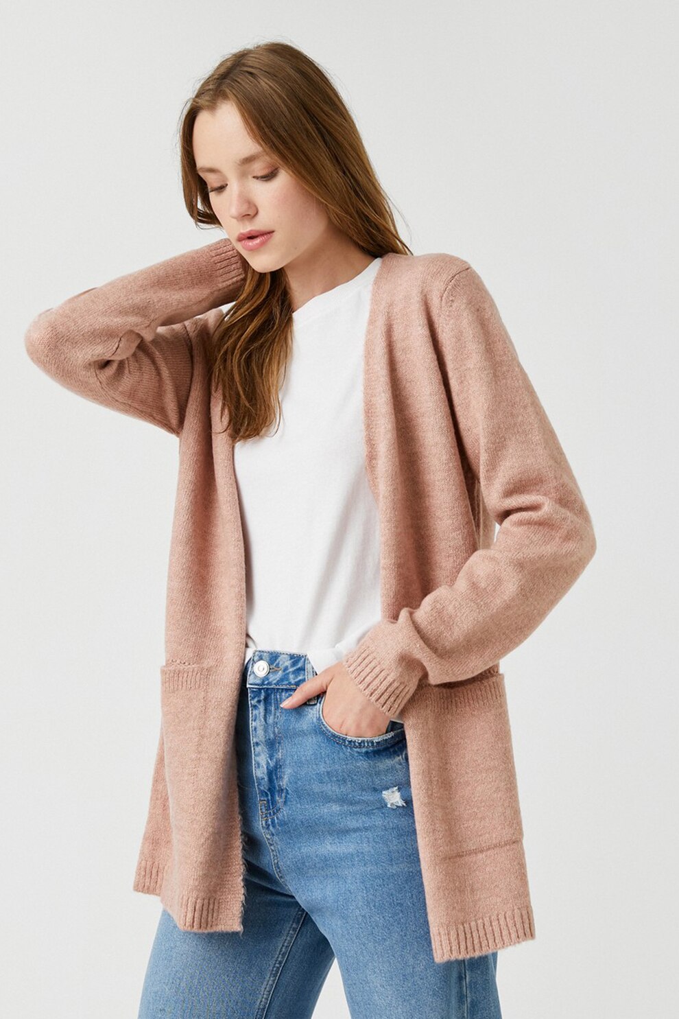 KOTON, Cardigan lung cu buzunare laterale, Roz prafuit