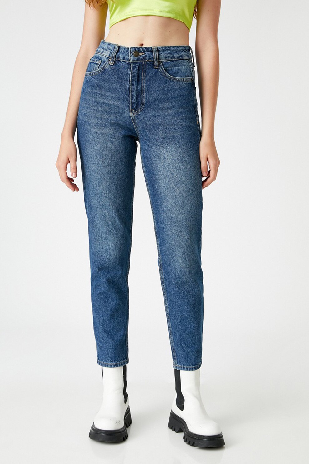 KOTON, Blugi mom fit cu talie inalta, Albastru