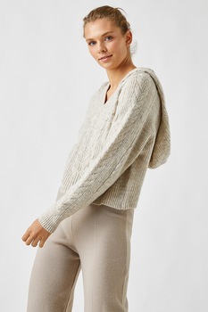 KOTON, Pulover cu gluga si model torsade, Maro nisip KOTON, Pulover cu gluga si model torsade, Maro nisip