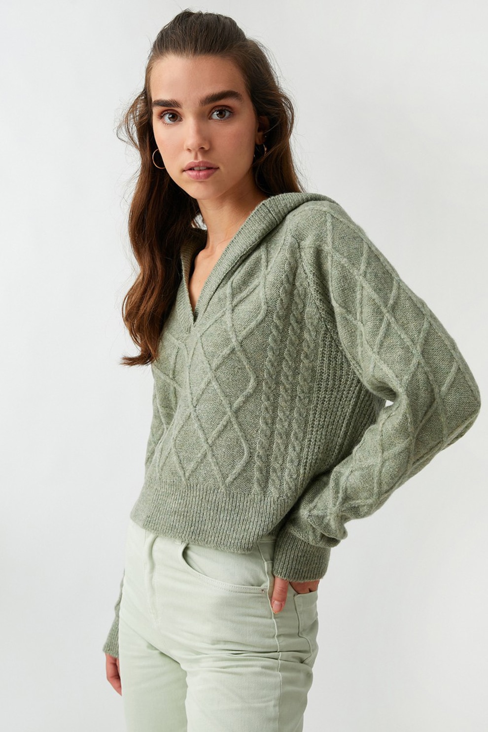 KOTON, Pulover cu gluga si model torsade, Verde feriga