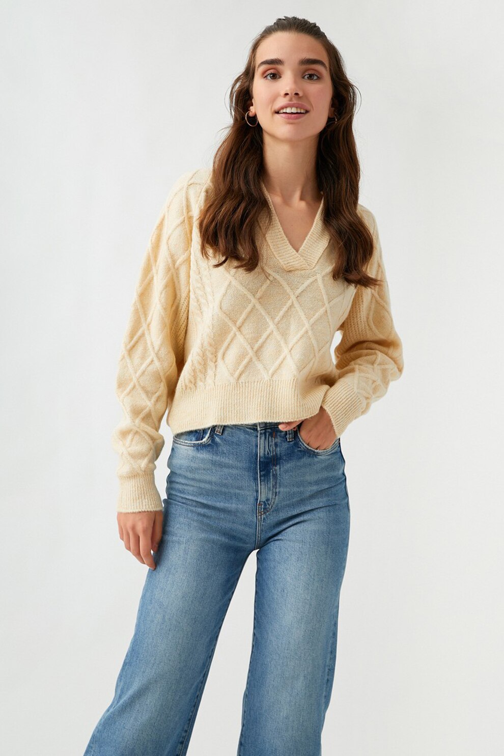 KOTON, Pulover cu gluga si model torsade, Crem