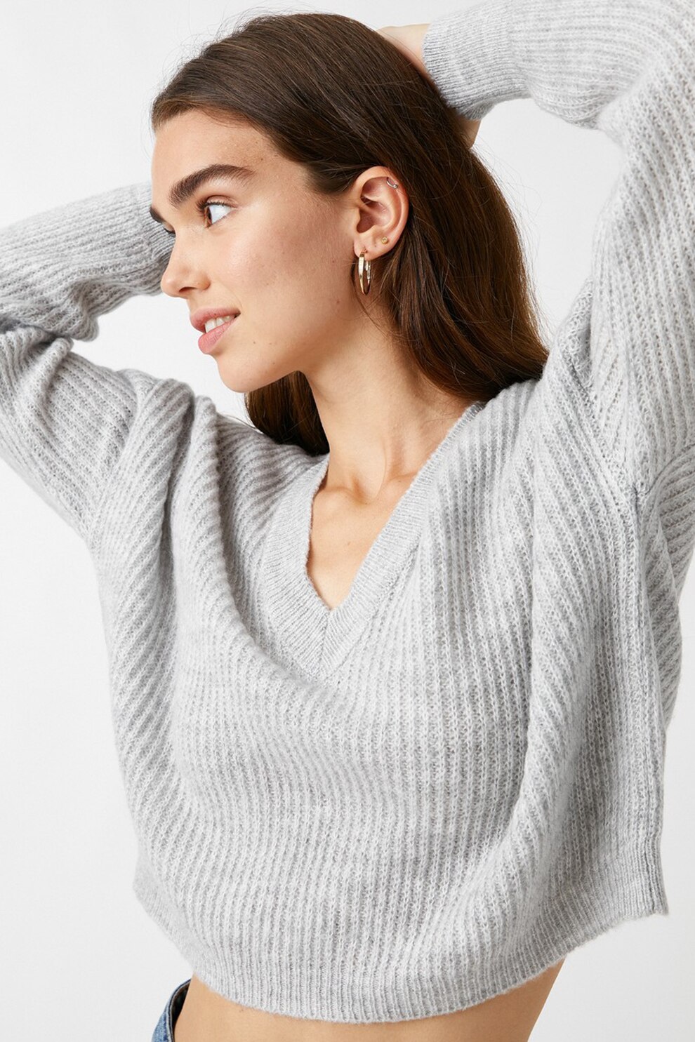 KOTON, Pulover tricotat cu maneci cazute, Gri