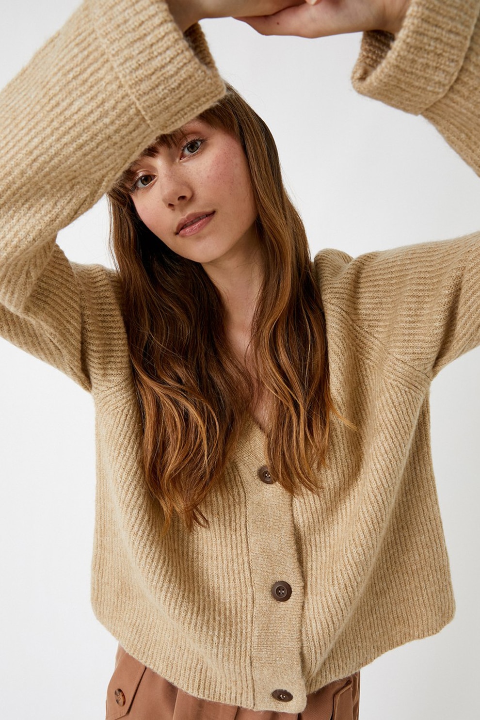 KOTON, Cardigan cu decolteu in V si nasturi, Maro camel