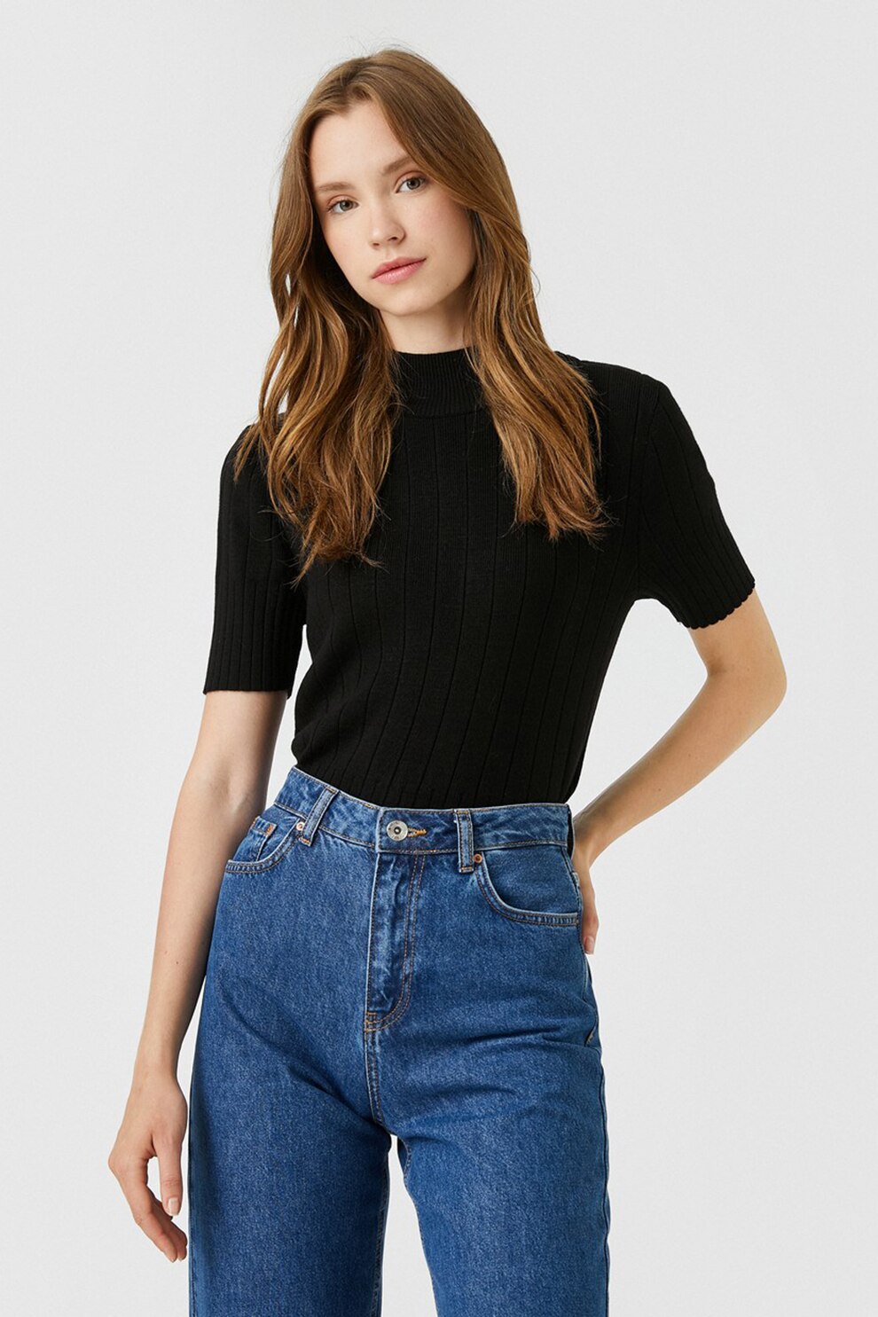 KOTON, Pulover cu striatii si guler scurt, Negru