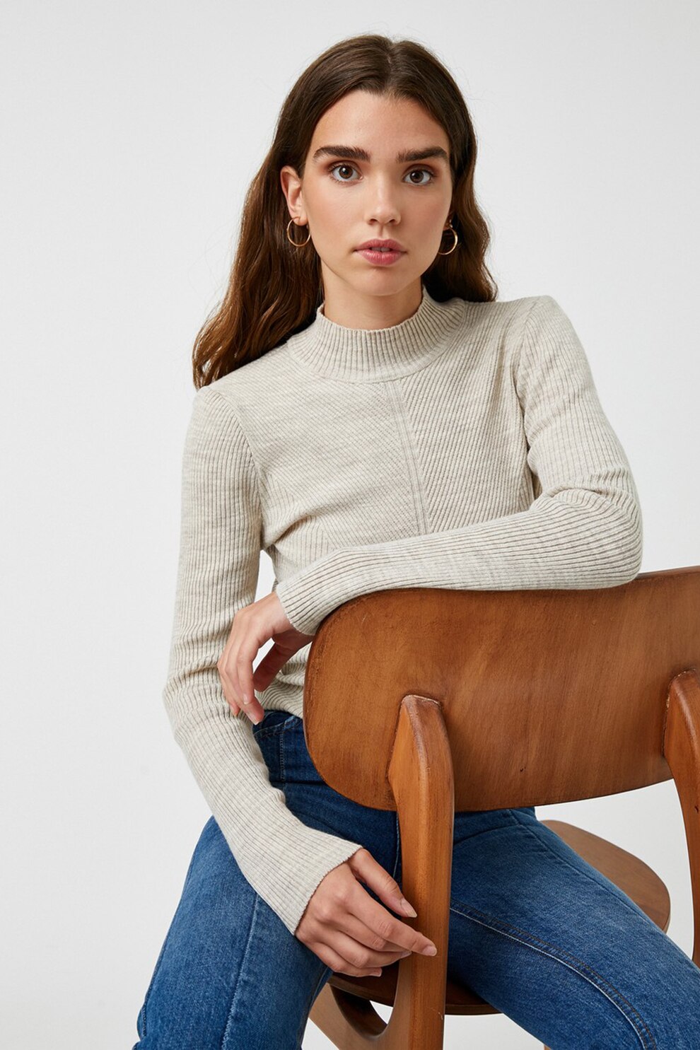 KOTON, Pulover tricotat fin cu aspect striat, Bej