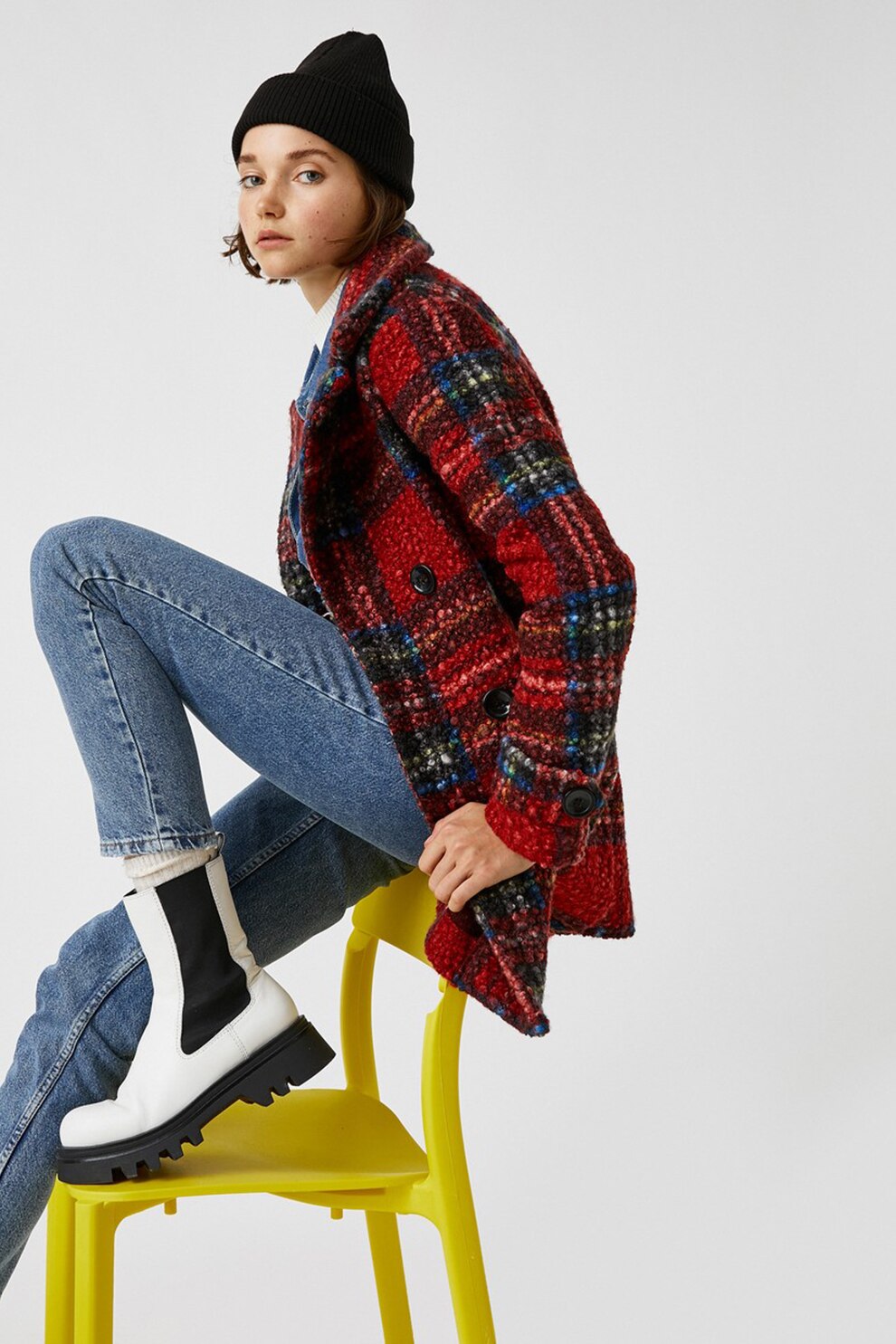 KOTON, Palton cu doua randuri de nasturi si aspect texturat, Rosu/Albastru