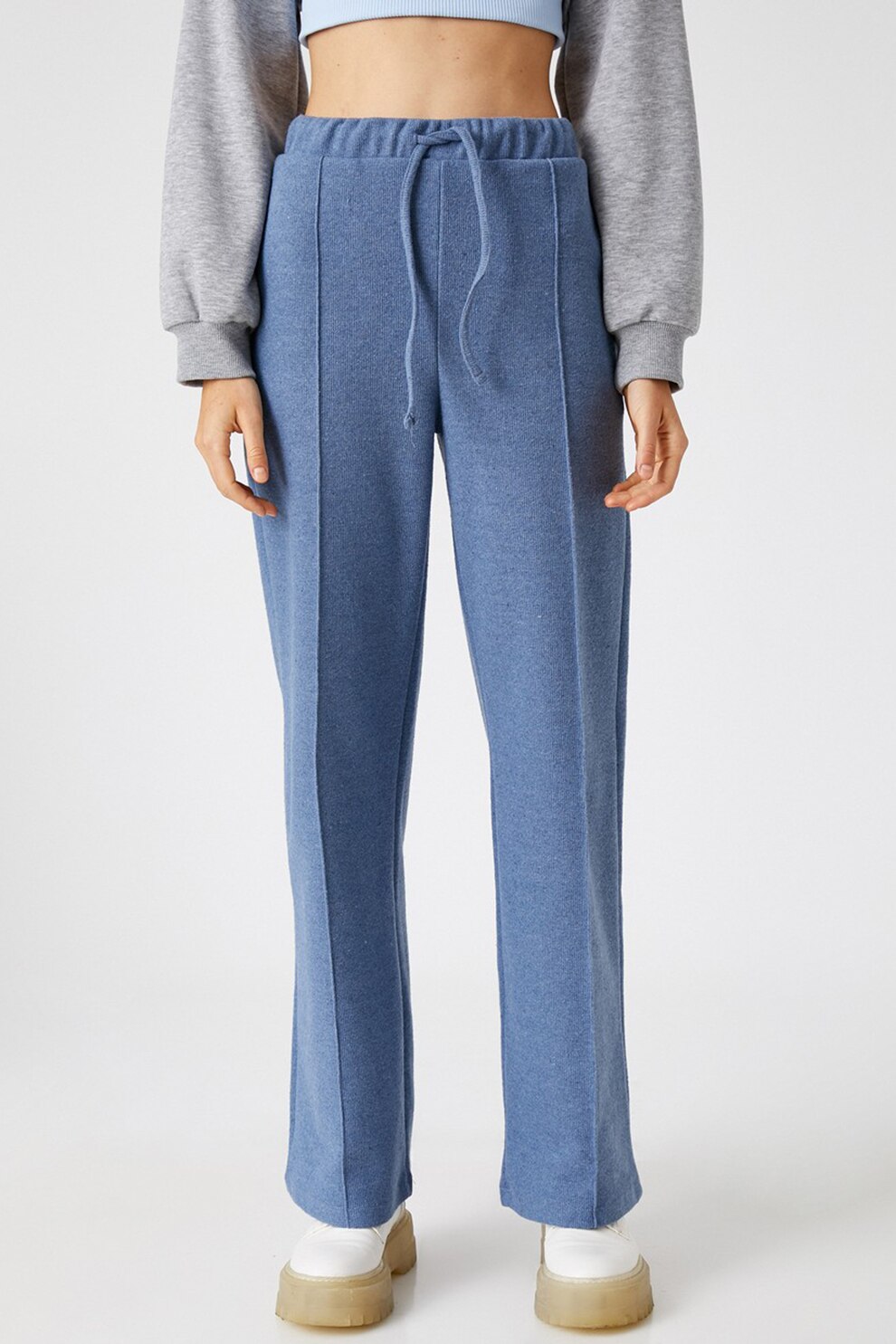 KOTON, Pantaloni sport cu talie inalta si snur de ajustare, Albastru