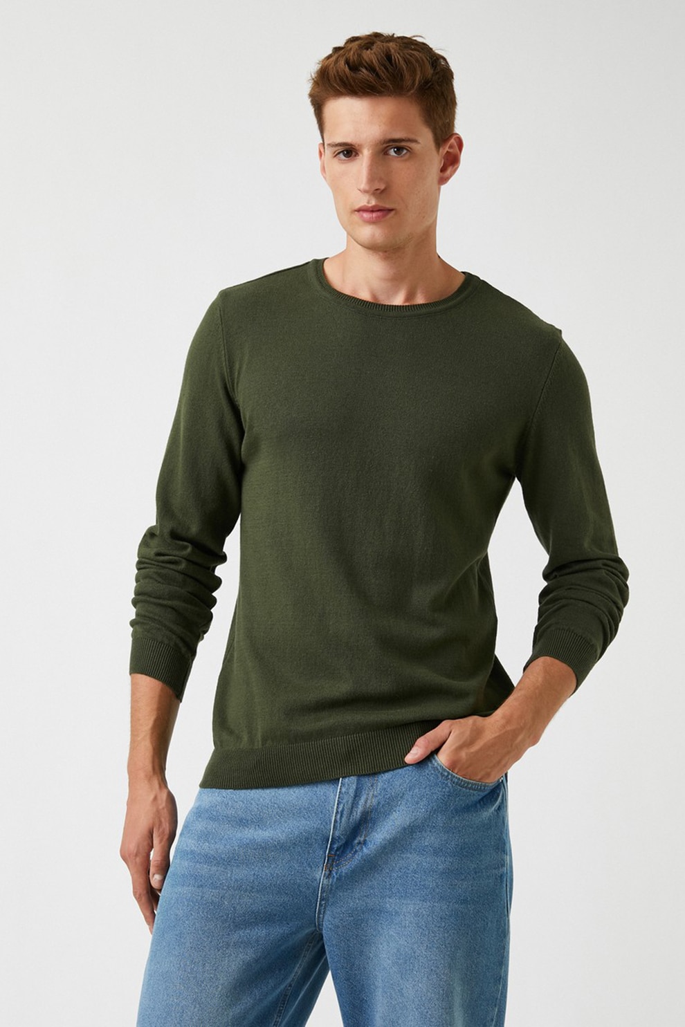 KOTON, Pulover tricotat fin cu decolteu la baza gatului, Kaki