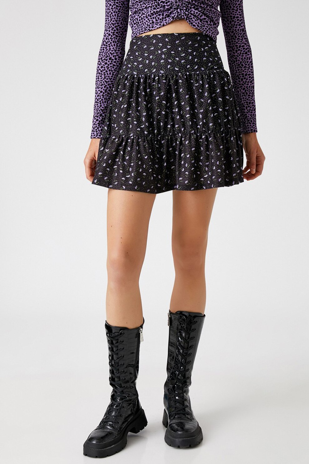 KOTON, Fusta scurta cu talie inalta si model floral, Negru/Lila