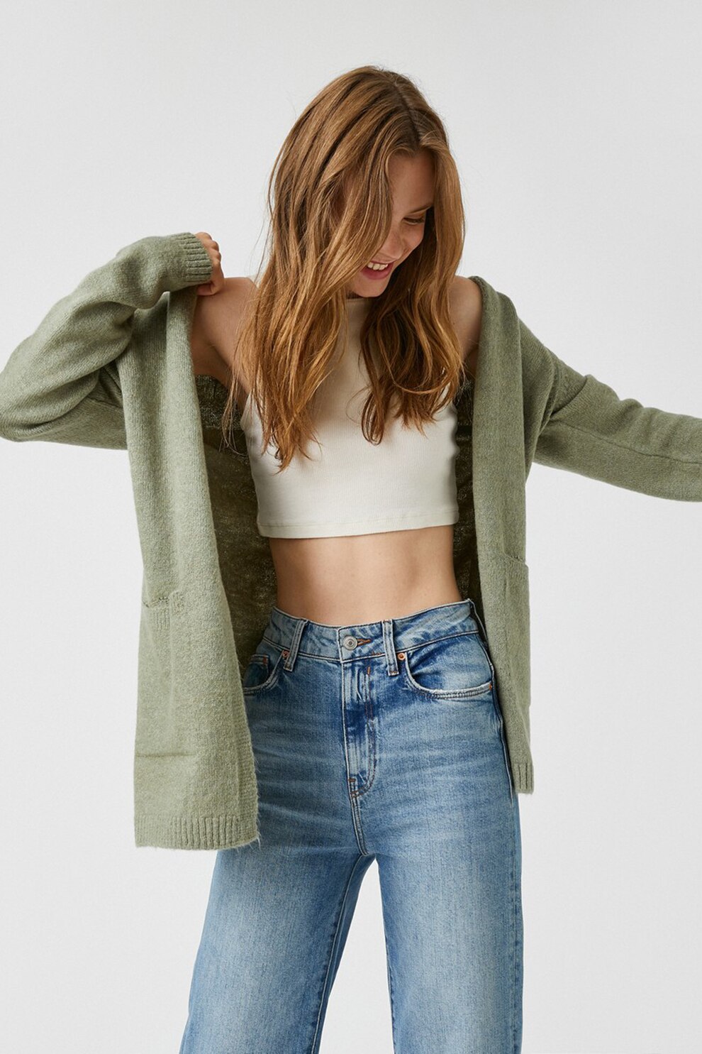 KOTON, Cardigan lung cu buzunare laterale, Verde fistic