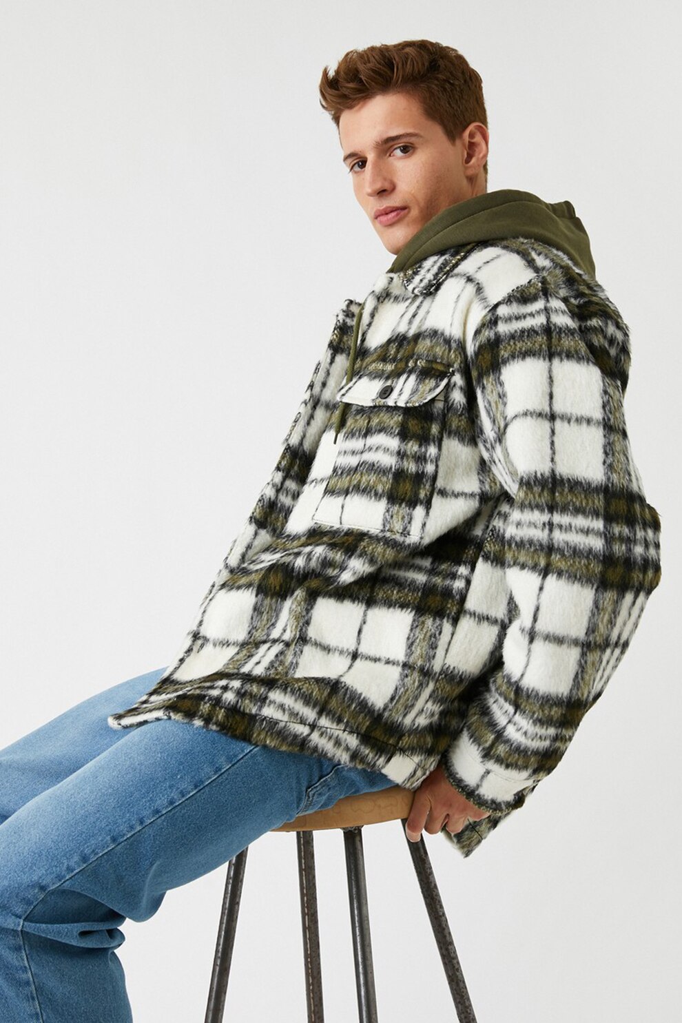 KOTON, Jacheta tip camasa cu model in carouri si buzunare, Verde/Alb