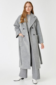 KOTON, Palton din amestec de lana cu revere decupate', Gri melange KOTON, Palton din amestec de lana cu revere decupate', Gri melange