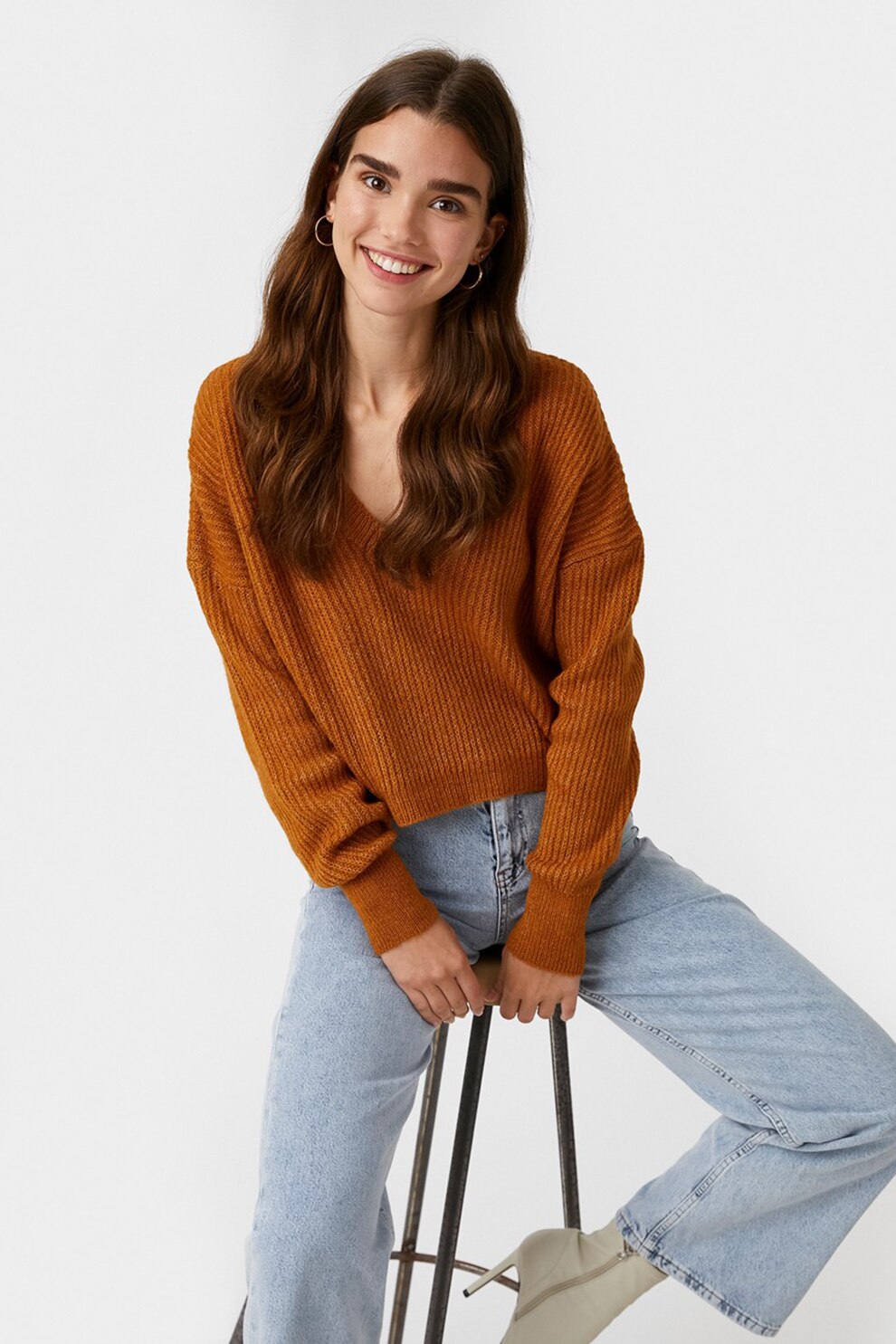 KOTON, Pulover tricotat cu maneci cazute, Maro