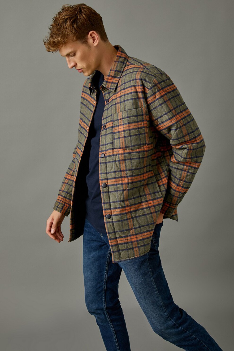 KOTON, Jacheta tip camasa cu model in carouri si guler ascutit, Verde feriga/Oranj