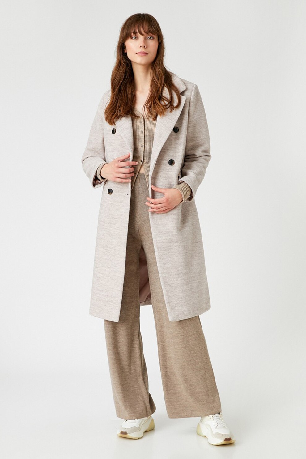 KOTON, Palton din amestec de lana cu doua randuri de nasturi, Bej