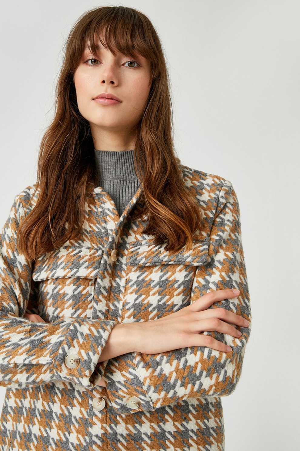 KOTON, Jacheta tip camasa din amestec de lana cu buzunare aplicate, Maro/Gri/Alb