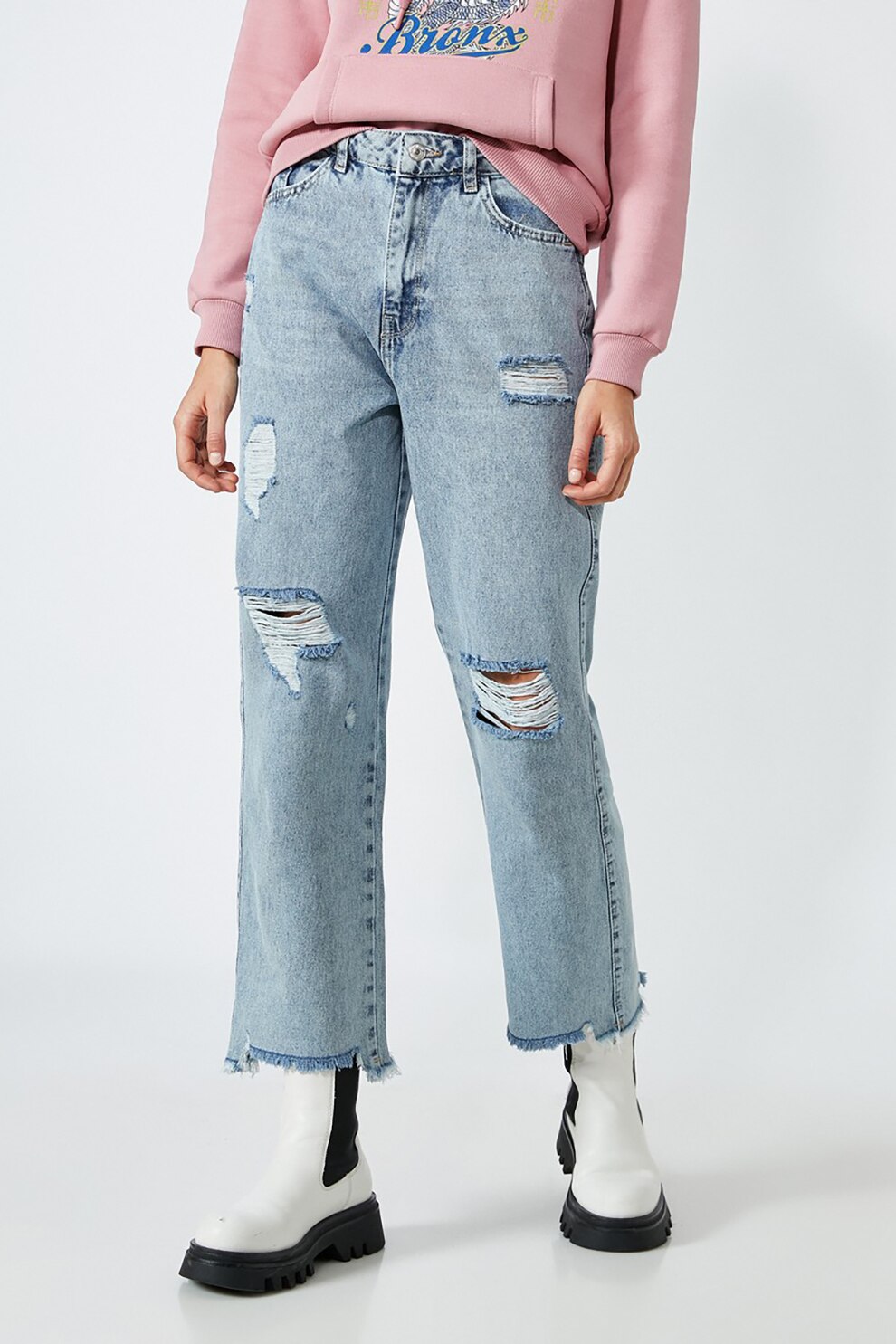 KOTON, Blugi cu croiala dreapta si detalii cu aspect deteriorat, Albastru deschis