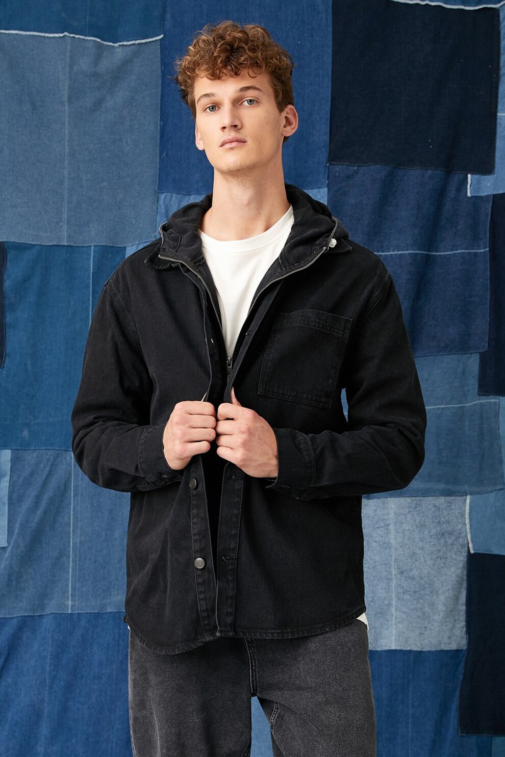 KOTON, Jacheta tip camasa din denim cu aspect 2in1, Negru
