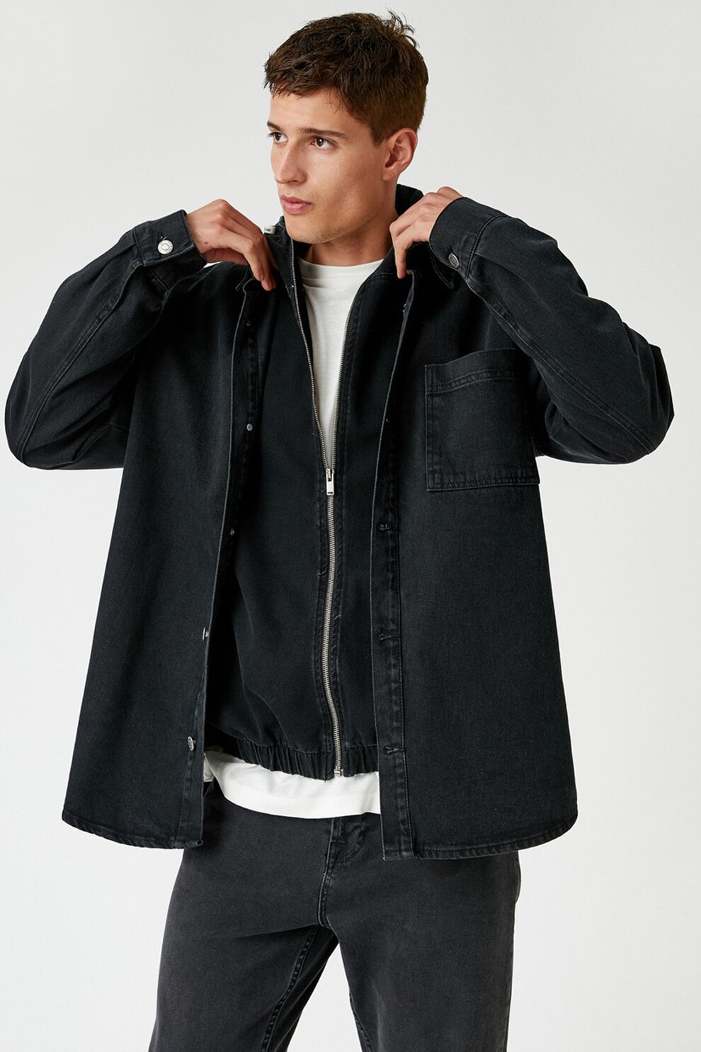 KOTON, Camasa tip jacheta din denim cu aspect 2in1, Negru