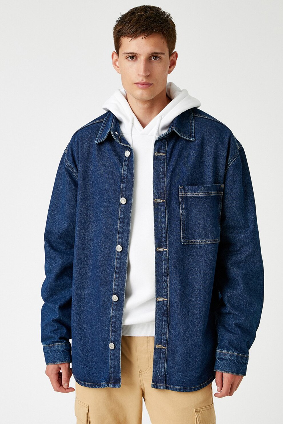 KOTON, Jacheta de denim cu buzunare aplicate, Albastru inchis