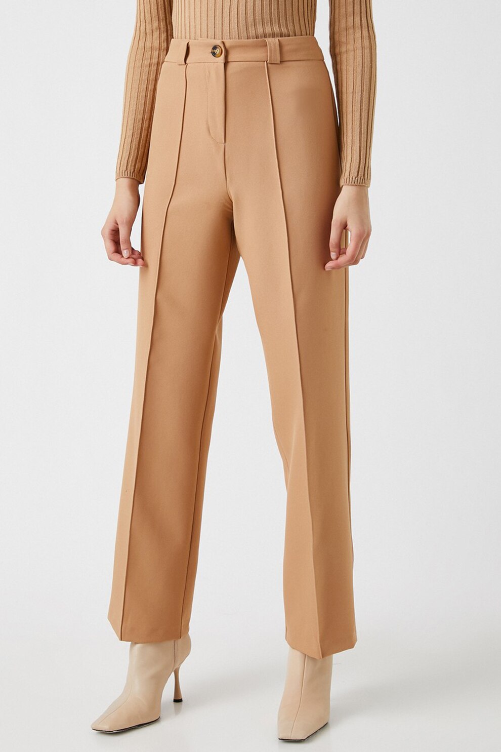 KOTON, Pantaloni cu croiala ampla si talie inalta, Maro camel