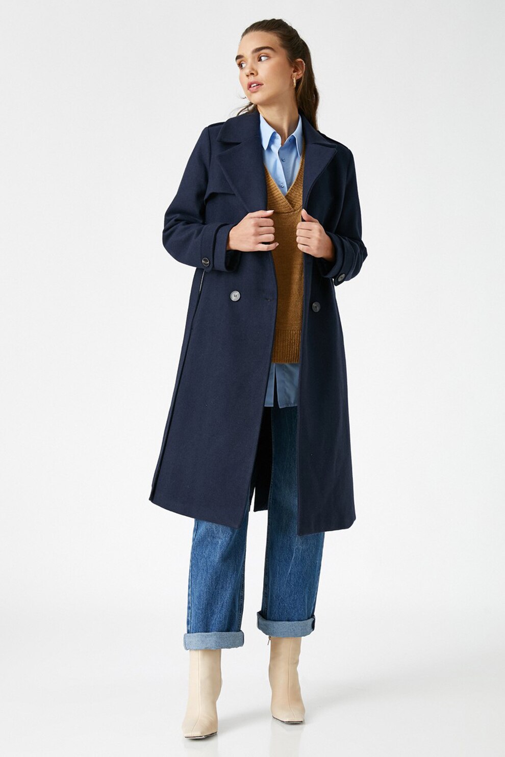 KOTON, Palton cu cordon in talie si revere decuapte, Bleumarin, XL