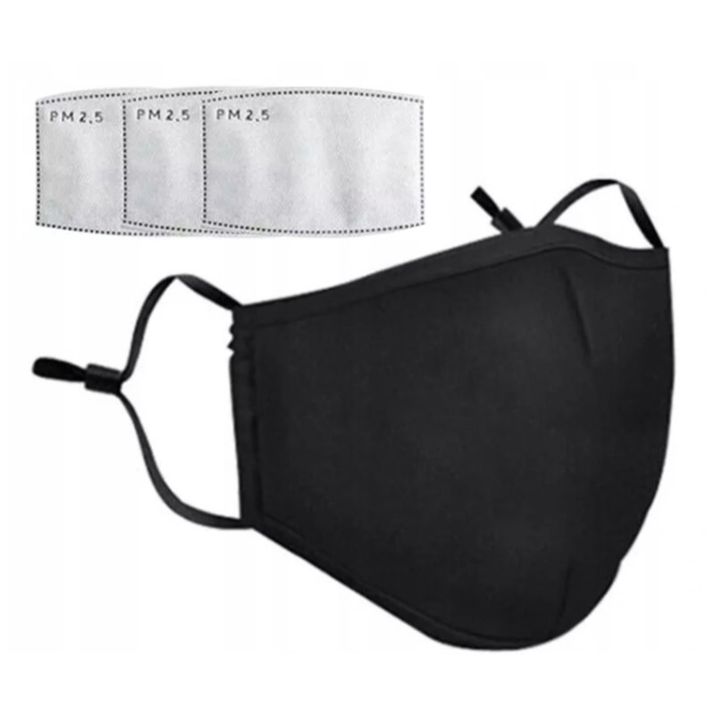 Set masca protectie cu 3 filtre PM 2.5, anti-poluare, din bumbac, filtru inlocuibil, negru
