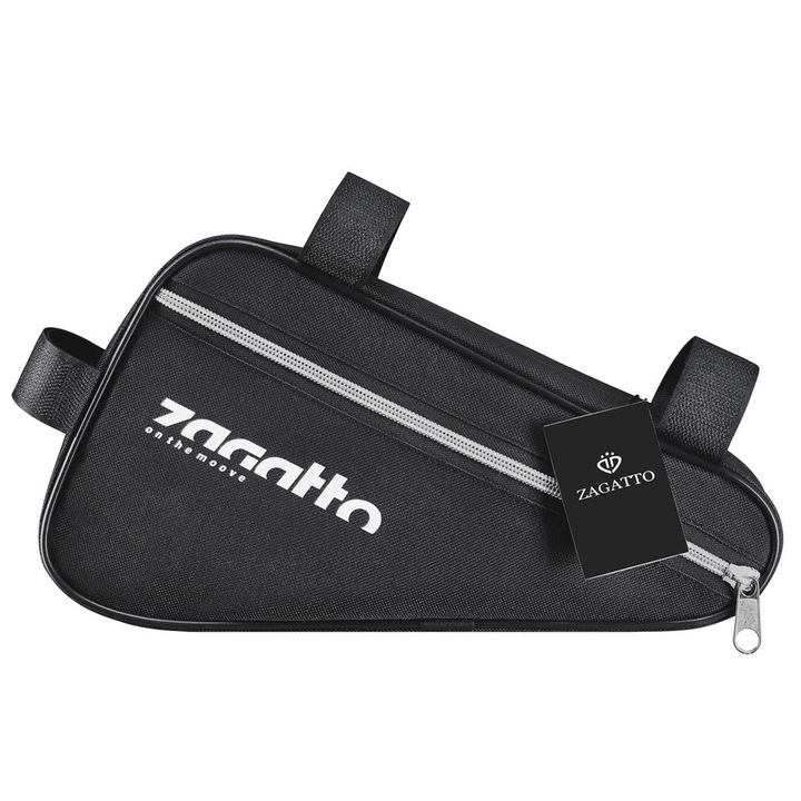 Geanta bicicleta triunghiulara, Zagatto, 3 elemente de fixare, fermoar reflectorizant, Negru