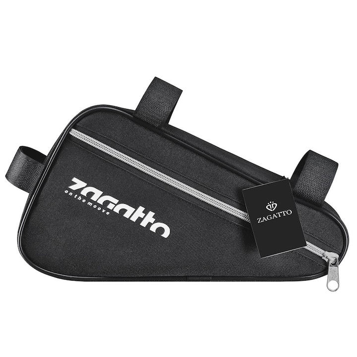 Geanta bicicleta triunghiulara, Zagatto, 3 elemente de fixare, fermoar reflectorizant, Negru