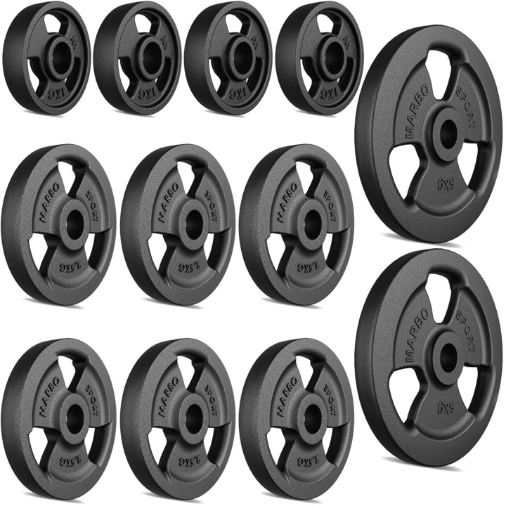 Set de greutati, Marbo Sport, Total 29 kg - 2x5 kg (∅22 cm), 6x2,5 kg (∅17 cm), 4x1 kg (∅11 cm), Diametru gaura 31 mm, Grosime 25 mm, Fonta, Durabil, Precis, Toleranta greutate ~5%, Maner triplu, Echipament de gimnastica pentru acasa, Negru