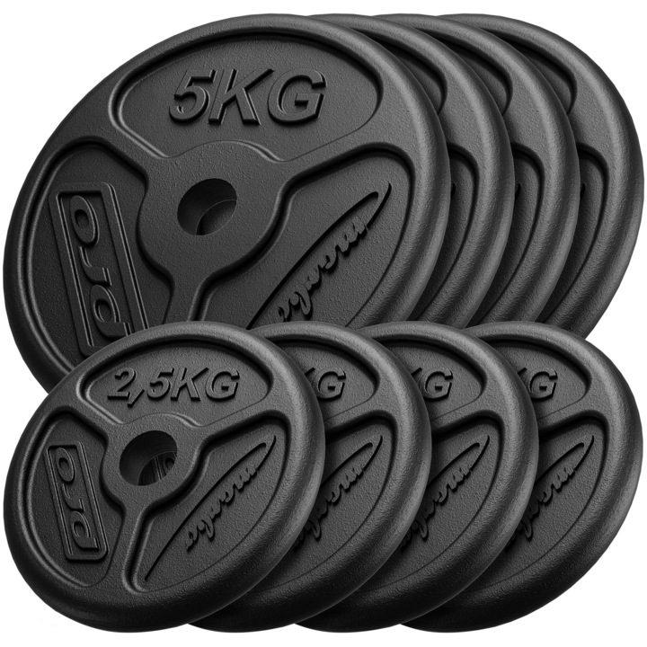 Set de greutati, Marbo Sport, Fonta, SLIM, Greutate totala 30 kg, 4x5 kg (∅23 cm), 4x2,5 kg (∅17 cm), Greutate precisa, Toleranta greutate ~5%, Gaura 31 mm, Design compact, Negru