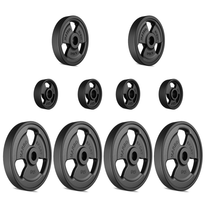 Set de greutati, Marbo Sport, Total 29 kg - 4x5 kg (∅22 cm), 2x2,5 kg (∅17 cm), 4x1 kg (∅11 cm), Diametru orificiu 31 mm, Grosime 25 mm, Toleranta greutate ~5%, Fier turnat, Cauciucat, Reducere a zgomotului, Protectie pentru podea, Negru