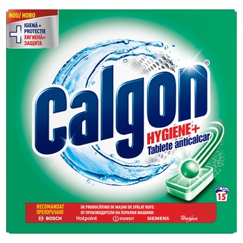 Tablete anticalcar pentru masina de spalat Calgon Hygiene+, 15 buc Tablete anticalcar pentru masina de spalat Calgon Hygiene+, 15 buc