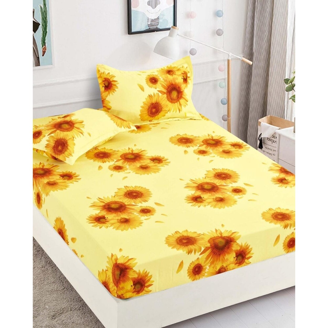 Husa de Pat cu Elastic cu 2 Fete de Perna pentru Pat Dublu Finet, Sunflower, HBF-129