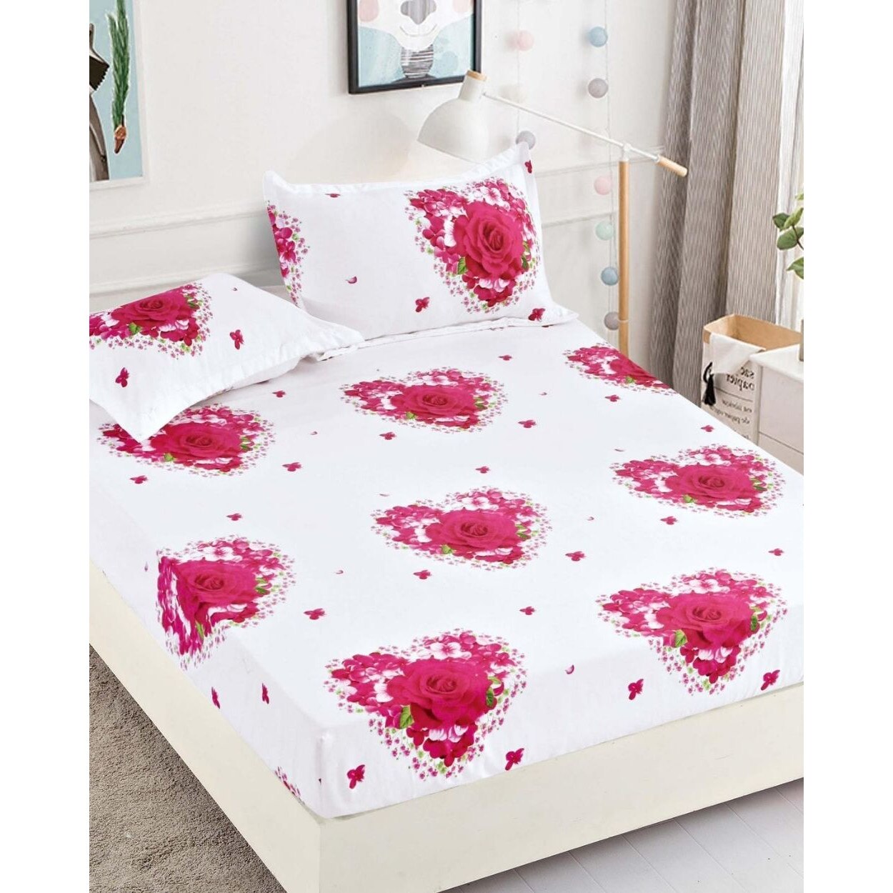 Husa de Pat cu Elastic cu 2 Fete de Perna pentru Pat Dublu, Love Roses Finet, HBF-128
